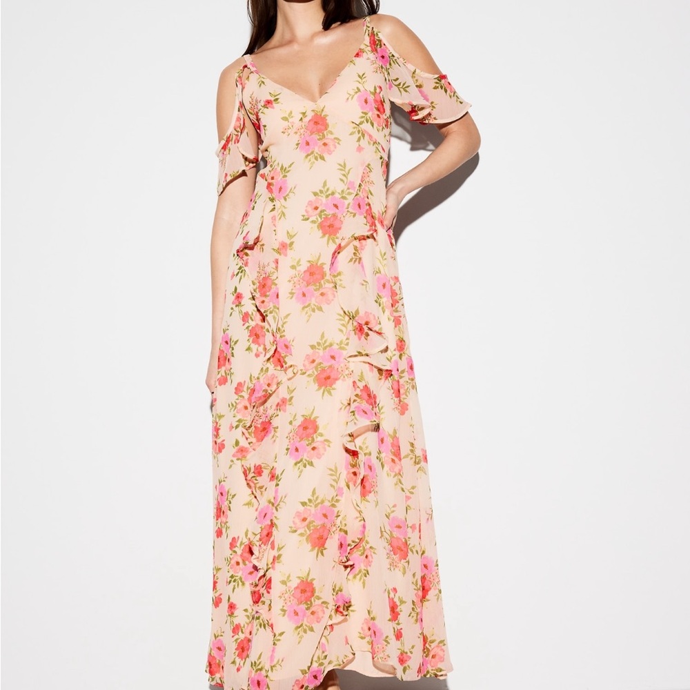Old Navy Orange Pink Asymmetrical Ruffled Maxi Dress